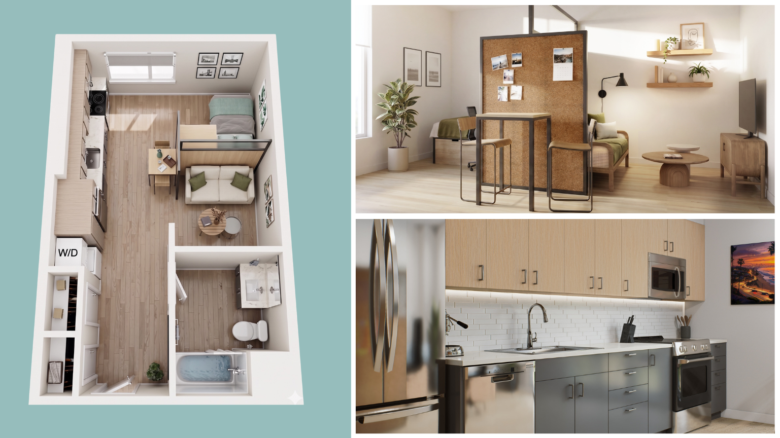 Premium Studio Unit Floor Plan and Preview Three Images layout of the premium unit floor plan, the partitioned living area with sofa, coffee table, and the other side as the bedroom areas with a bed and desk; and another image of a kitchen with light wood colored cabinets , white stone countertops
