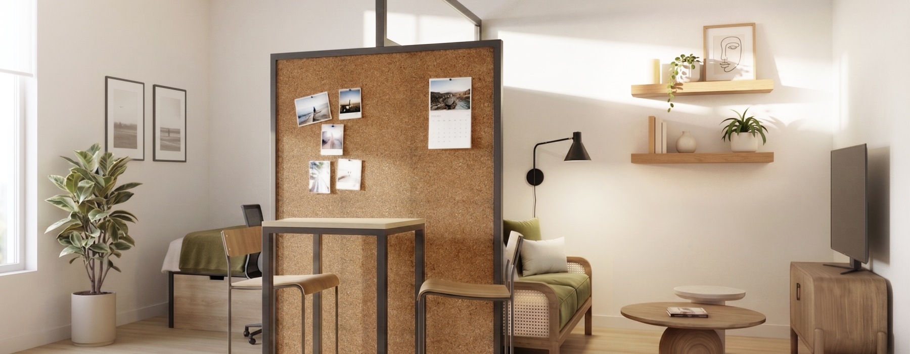 White studio with light wood flooring. Separated by a room partition there is a living area with a sofa, coffee table, tv stand and TV on one side and a XL Full-sized bed on the other.